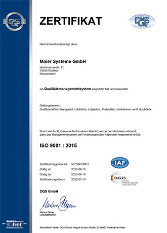Wir sind nach ISO 9001 : 2015 zertifiziert